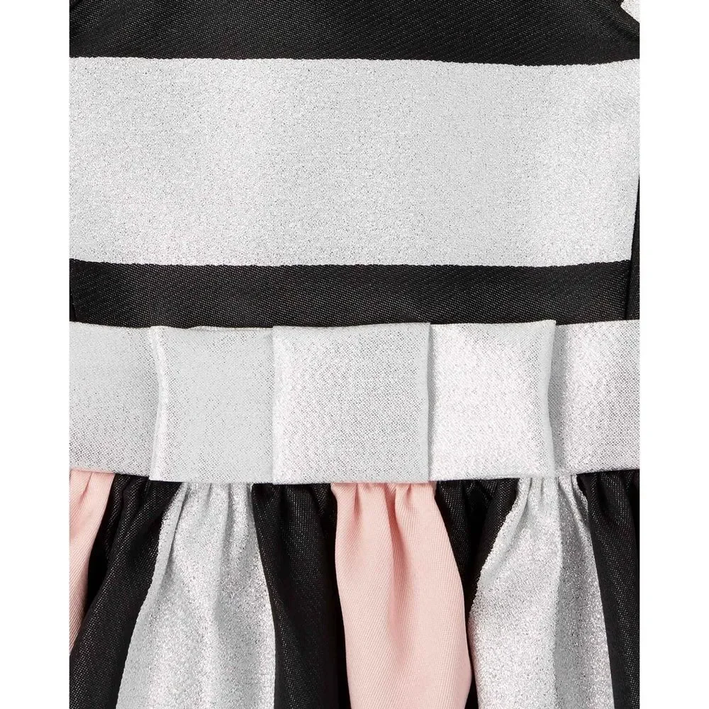 Elegant Metallic Silver Glitter Pink Black Striped Pleated Dress Size 5